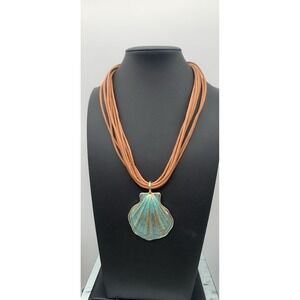 ST. THOMAS Silver tone Multi Strand brown Cord With Green Metal Shell Pendant